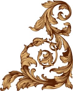 an ornate design in the style of wood carving, with scrolls and leaves on white background