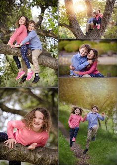 two children are sitting on a tree and one is holding the other's arm