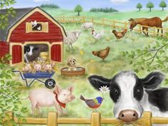 a painting of farm animals in front of a barn with chickens, cows and pigs