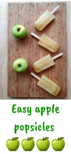 apple popsicles on a cutting board with the words easy apple popsicles