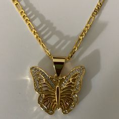 This Beautiful 18k Gold Plated Large Butterfly Pendant Come With A 60inch Gold Plated Chain Anti Tarnish Gold Butterfly Chain Jewelry, Gold Butterfly Jewelry, 14kt Gold Jewelry, Big Stone Ring, Butterfly Necklace Gold, Gold Flower Ring, Solid Gold Bracelet, Gold Chain With Pendant, Jewelry Accessories Ideas