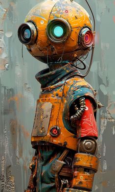 a robot is standing in front of a grungy wall with lots of paint on it