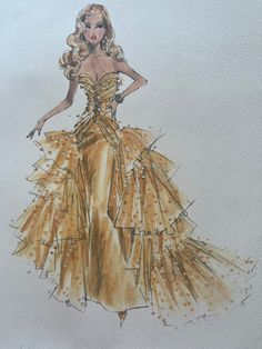 a drawing of a woman in a gold dress with her hands on her hips and one hand on her hip