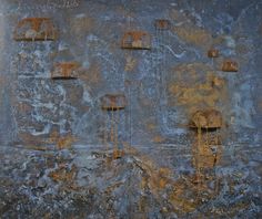 an abstract painting with rusted paint and metal grates