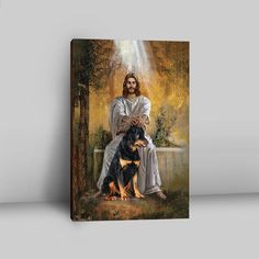 a painting of jesus sitting on a bench with his dog in front of him and the light coming from behind him