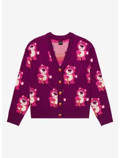 a purple cardigan with pink bears on it