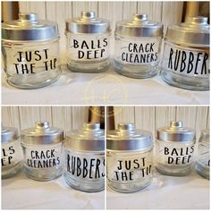 four pictures of jars with labels on them that say just the tip, crackers, and mudder