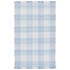 a blue and white plaid rug with fringes on the bottom, against a white background