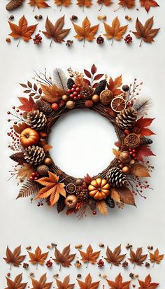 an arrangement of autumn leaves and pine cones arranged in a circle on a white background