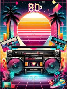 an old school party poster with boombox and palm trees in the background, on top of