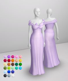 two female mannequins dressed in long dresses with different colors and shapes for the dress