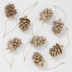 six pine cones are hanging from string on a white surface, with gold colored decorations