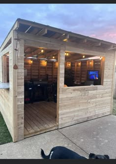 a wooden shed with two windows and lights on the outside, it has a television inside