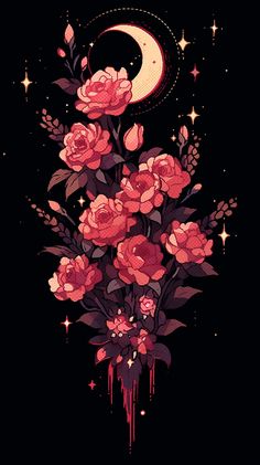 a bunch of flowers that are on a black background with the moon and stars in the sky