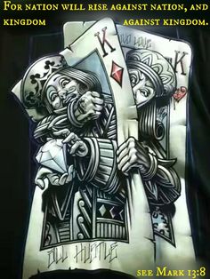 the king and queen of spades holding each other's hands in front of a black background