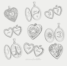 a set of nine heart shaped lockes with names and pictures on them, all in black and white