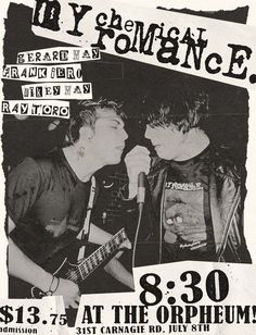 an old poster with two young men singing into microphones in front of a black and white background