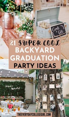 Backyard Graduation Party Ideas Graduation Party Garden Theme, Graduation Senior Table Ideas, Table Centerpiece For Graduation Party, Party Decor With Cricut, Ideas For High School Graduation Party, Grad Party Keepsake Ideas, Photo Board Graduation Party, Grad Party Ideas Boys, Graduation Rustic Party Ideas