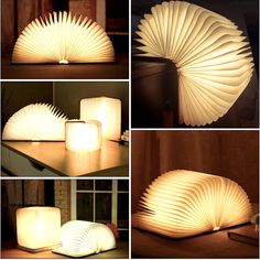 four different views of an open book lamp on a table with the light turned upside down