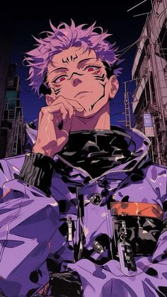 an anime character with pink hair is looking at the camera while holding his hand to his face