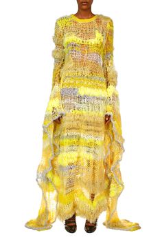 Knit Edging, Goth Chic, Knit Gown, Conceptual Fashion, Knit Edge, Metallic Knit, Yellow Knit, Silk Yarn, Bateau Neckline