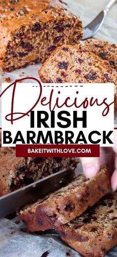 a close up of a person cutting a loaf of bread with the words delicious irish barmback on it