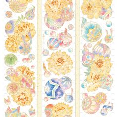 an assortment of watercolor flowers and bubbles on white paper with yellow border, in different colors