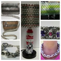 many different types of chains and bracelets are shown in this collage, including a soda can