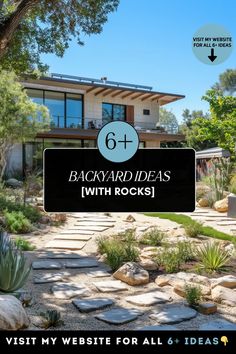 A backyard with a modern rock garden featuring drought-resistant plants and stone pathways. Decorative Rocks, Landscaping Ideas With Rocks, Rock Gardens, Rock Decor