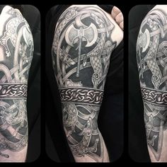 three different views of a man's arm with an intricate tattoo design on it