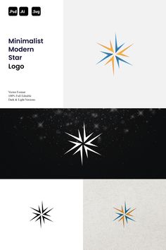 the minimalist modern star logo is shown in three different colors and styles, including blue, orange, yellow, and white