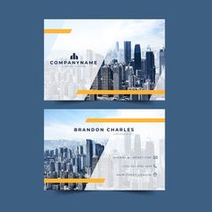 two business card templates with cityscape in the back and yellow lines on the front