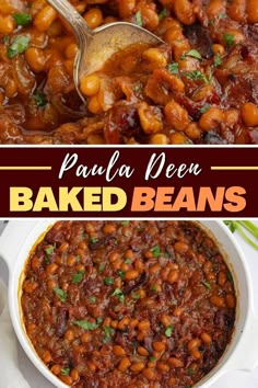 baked beans in a white bowl with a spoon on top and the words paal la deva baked beans above it