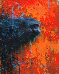 an abstract painting of a black bird with orange and red colors