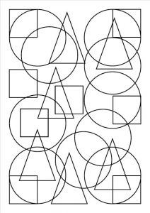 an abstract geometric design with circles and rectangles in black and white on a white background