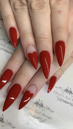 50s Inspired Nails, Red Valentines Day Nails Acrylic Almond, Goth Valentines Nails, Edgy Valentines Nails, Edgy Nail Ideas, Devil Nails, Heart Tip Nails, Edgy Nail Art