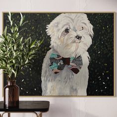 a painting of a white dog wearing a bow tie and sitting on a table next to a potted plant