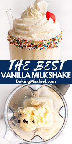 the best vanilla milkshake recipe with whipped cream and sprinkles on top