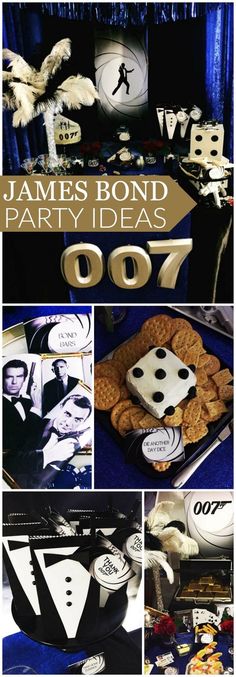 james bond party ideas 007 with cake, cookies and desserts on the table