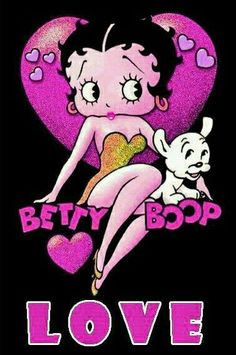 betty boop is sitting on the back of a pink heart and holding a white dog