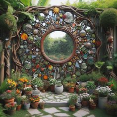 a garden with lots of potted plants and a circular mirror