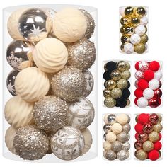 christmas balls and ornaments are in a clear container with white, red, gold and silver decorations