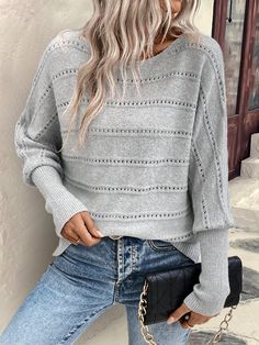 Women's Casual Solid Color Textured Boat Neck Loose Batwing Sweater Grey Casual  Extra-Long Sleeve Knitwear Plain Pullovers Medium Stretch  Women Clothing, size features are:Bust: ,Length: ,Sleeve Length: Mens Winter Socks, Batwing Sweater, Extra Long Sleeves, Sweater Grey, Cosplay Dress, Loose Sweater, Knit Tees, Casual Sweaters, Inspiration Mode