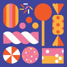 an assortment of candy and lollipops on a blue background with polka dots