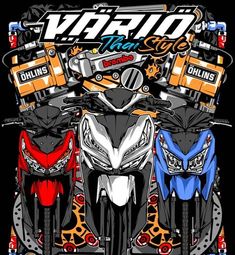 three motorcycles are parked in front of each other on a black background with orange and blue accents