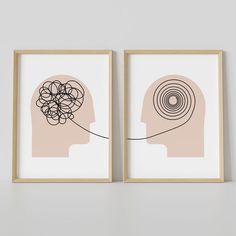 two framed art prints depicting the same person's head with a string attached to it