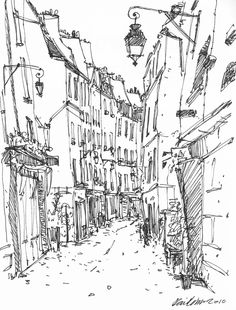 an ink drawing of a narrow street in paris