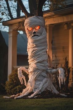 a creepy looking tree with glowing eyes and hands wrapped around it's trunk in front of a house