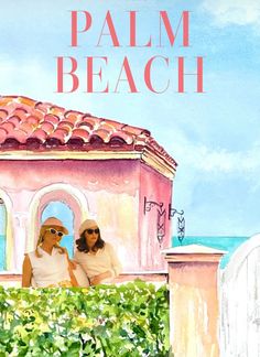 a painting of two people sitting in front of a pink building with the words palm beach on it