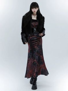 ❤︎Ghost Girl Dark Mode Velvet Fishtail Dress❤︎ Grunge Long Sleeve Party Dress, Grunge Long Sleeve Fitted Dress, Fitted Long Sleeve Grunge Dress, Red Gothic Dress For Fall, Red Dress For Halloween Alternative Fashion, Vampire Style Party Dress For Fall, Painting Skirt, Velvet Mermaid Dress, Ghost Girl